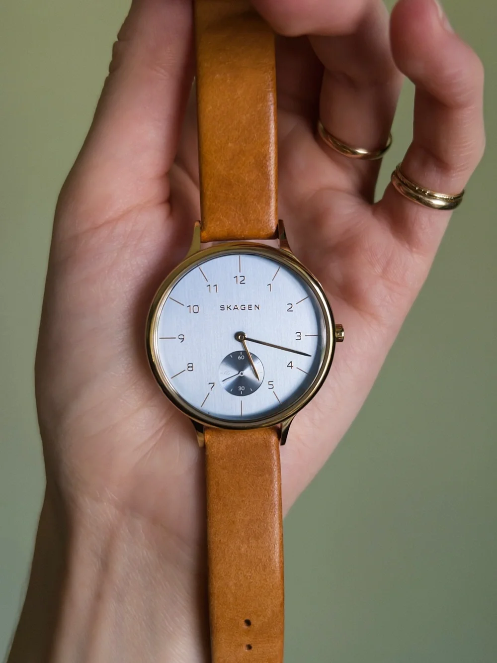 Skagen Denmark Anita Wristwatch, Leather Strap, Blue Chrome with Gold Hardware